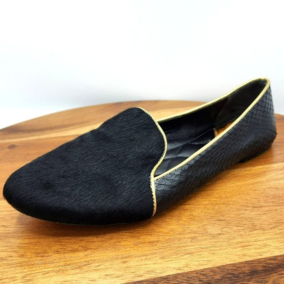 Brian Atwood Claudelle Loafers 7 Black Gold Calf Hair Snakeskin Smoking Slippers - Picture 1 of 13